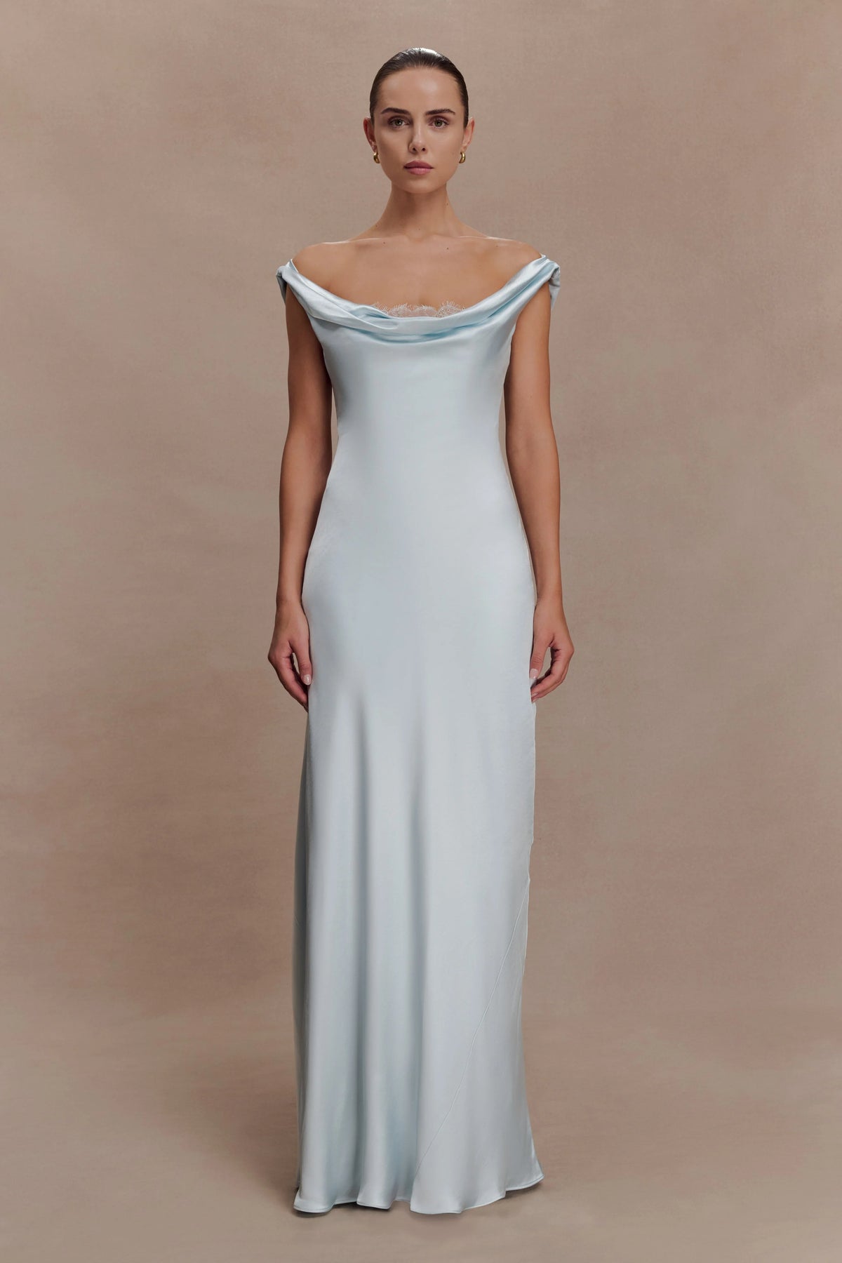 Ashley Cowl Neck Lace And Satin Maxi Dress Ice Blue