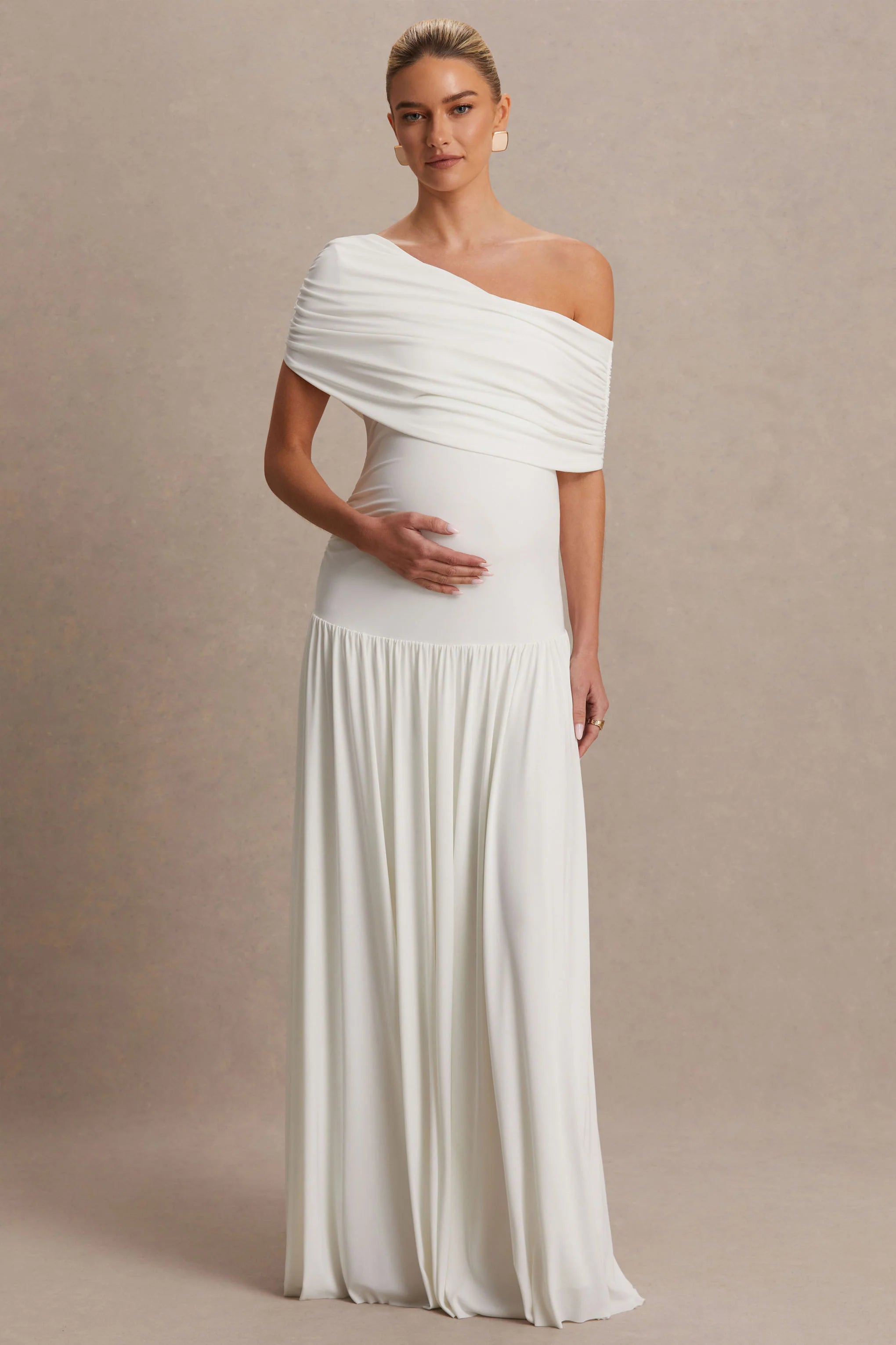 Noah White Asymmetric Neck Maternity Maxi Dress With Drop Waist