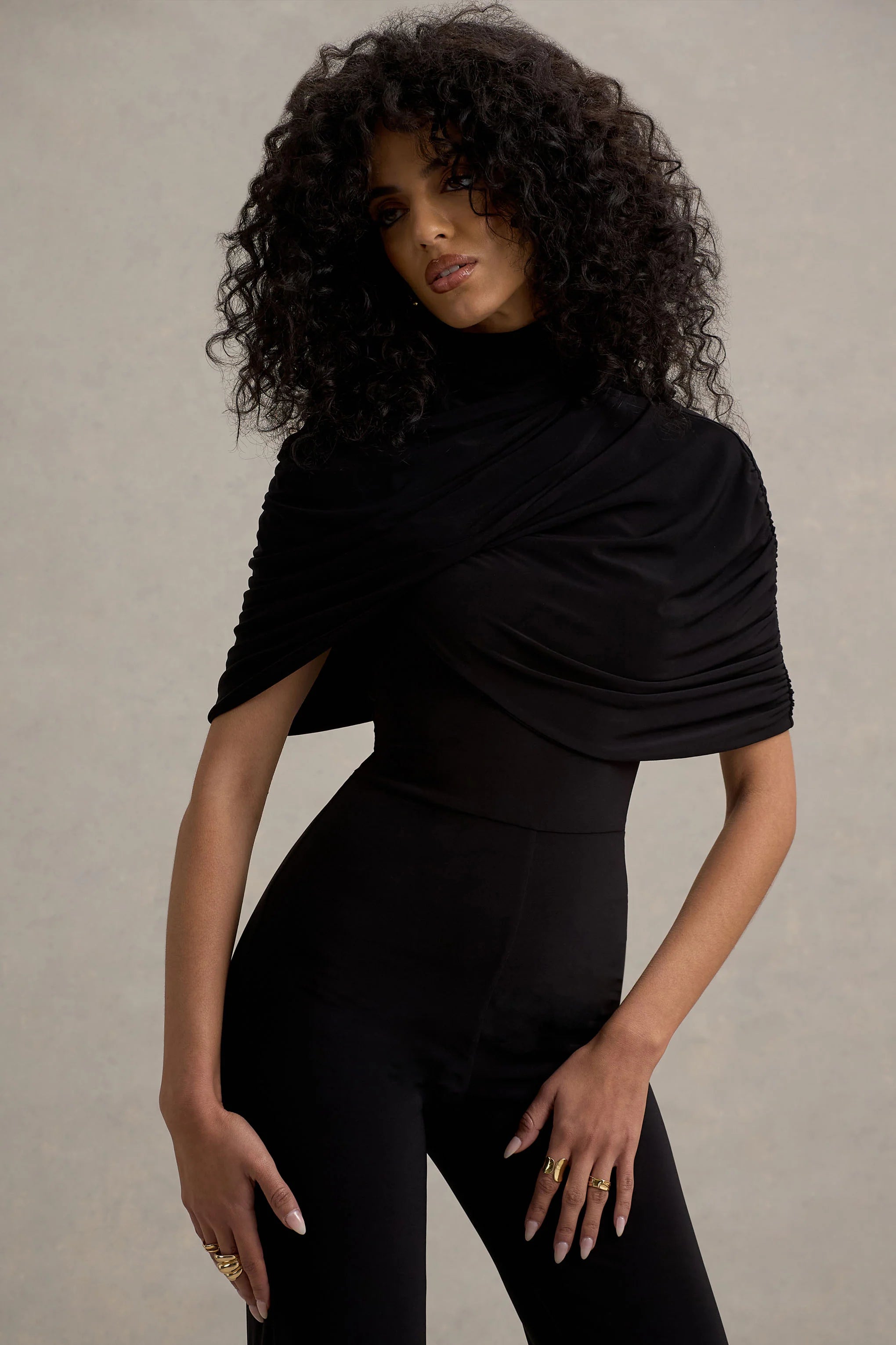 Isoline Black Twist Cape Flared Leg Jumpsuit