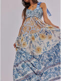 Women Floral Maxi Dress Tie Shoulder Patchwork Smocked Flowy Boho Dress with Pockets Summer Vacation Sundress