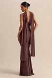 Armelia Brown Cowl Neck Maxi Dress With Scarf Detail