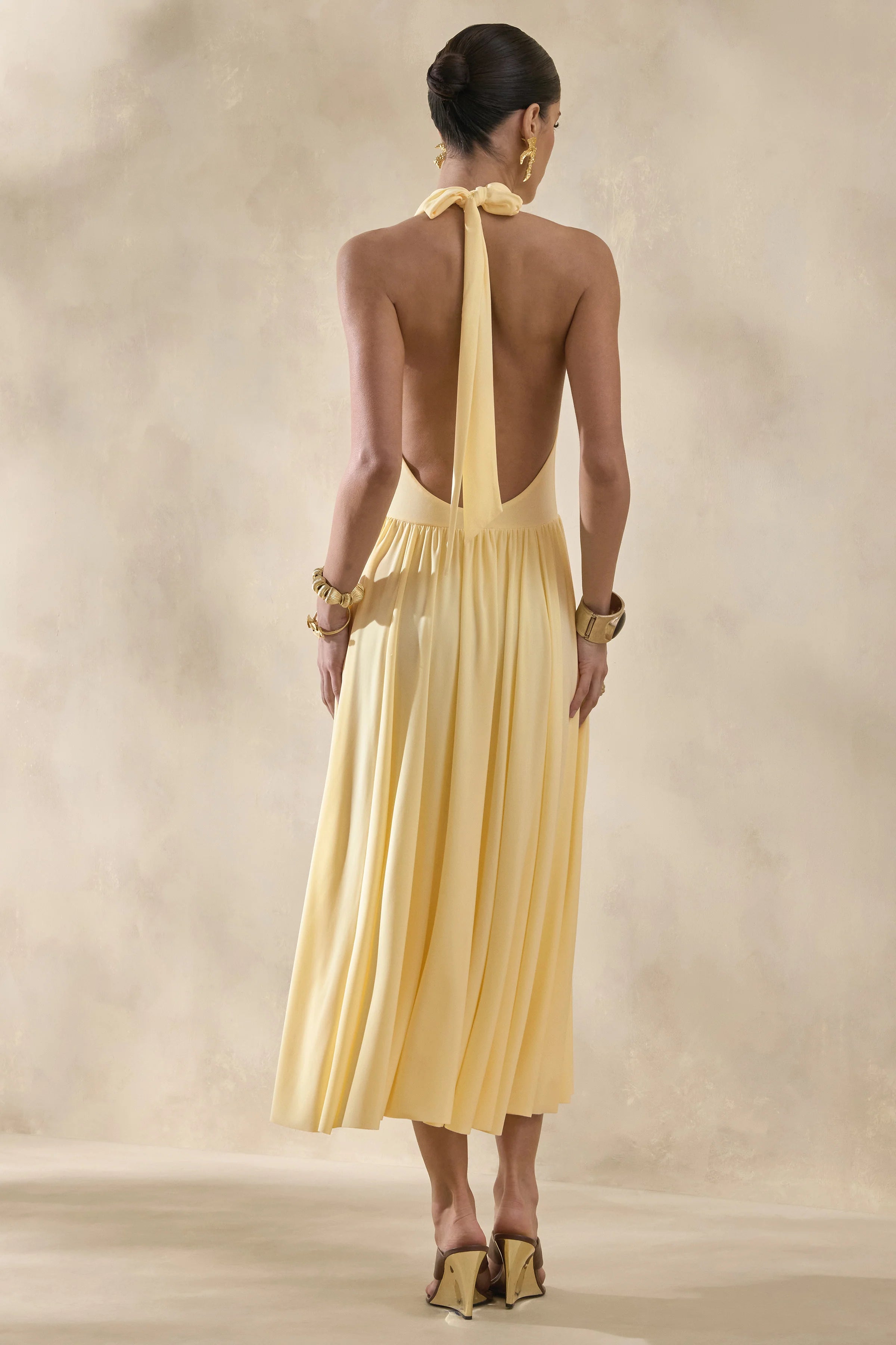 Veyra Lemon Plunge Cowl Neck Midi Dress