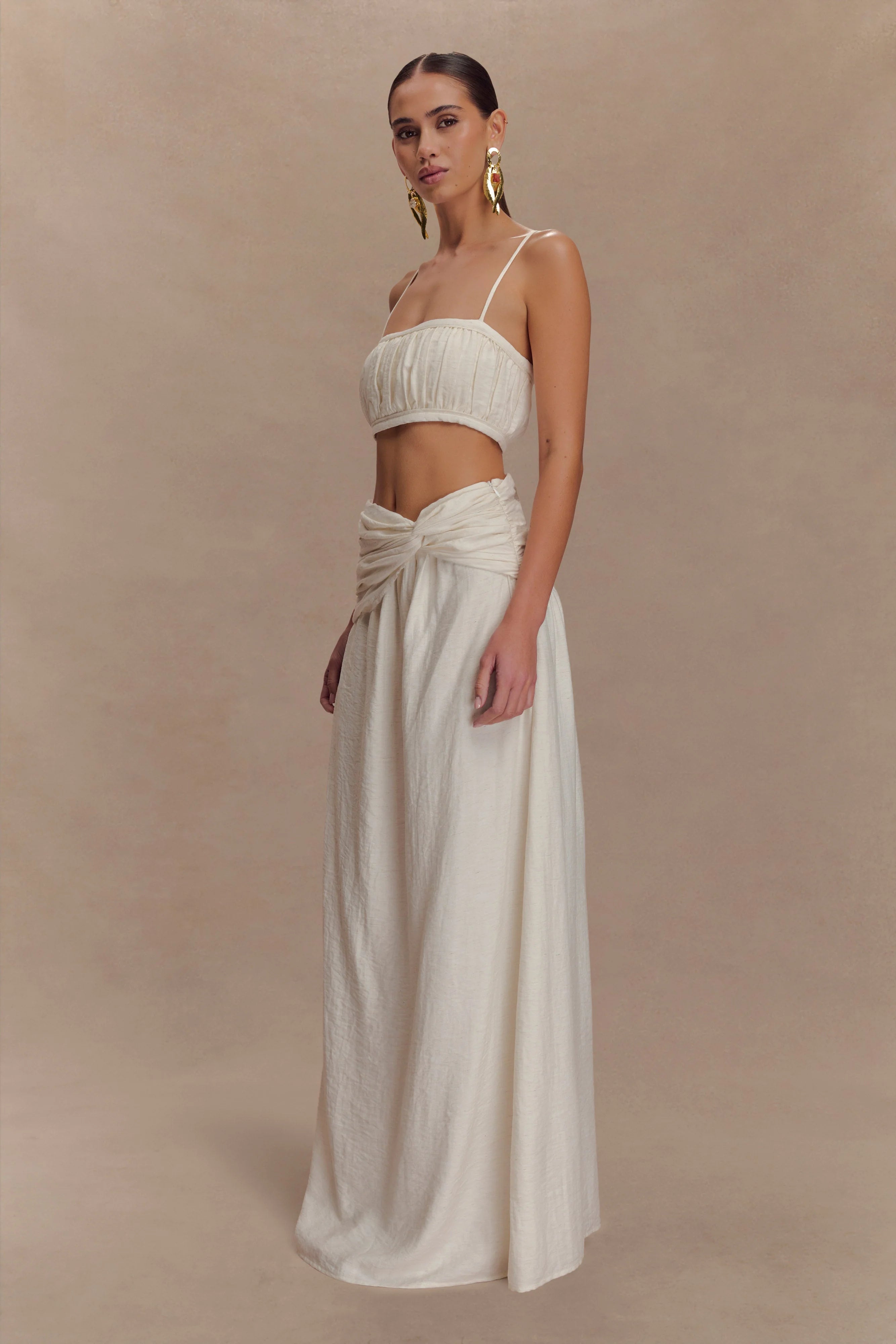 Scottie Gathered Linen Knot Maxi Skirt Oat Marle