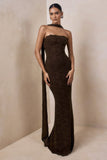 Massima Brown Lace Bandeau Maxi Dress With Scarf Detail