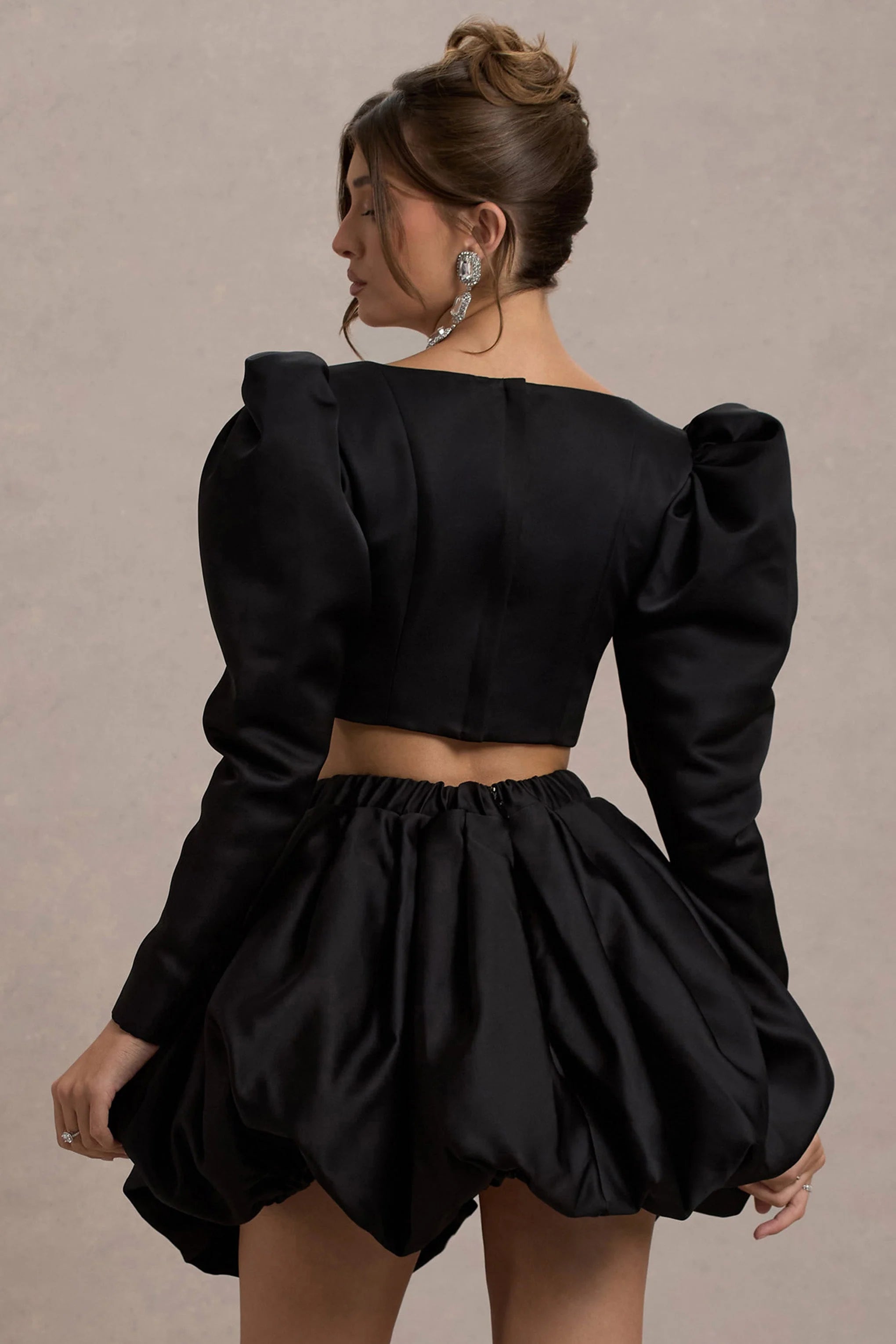 Eloisa Black Satin Puff Sleeve Cropped Jacket