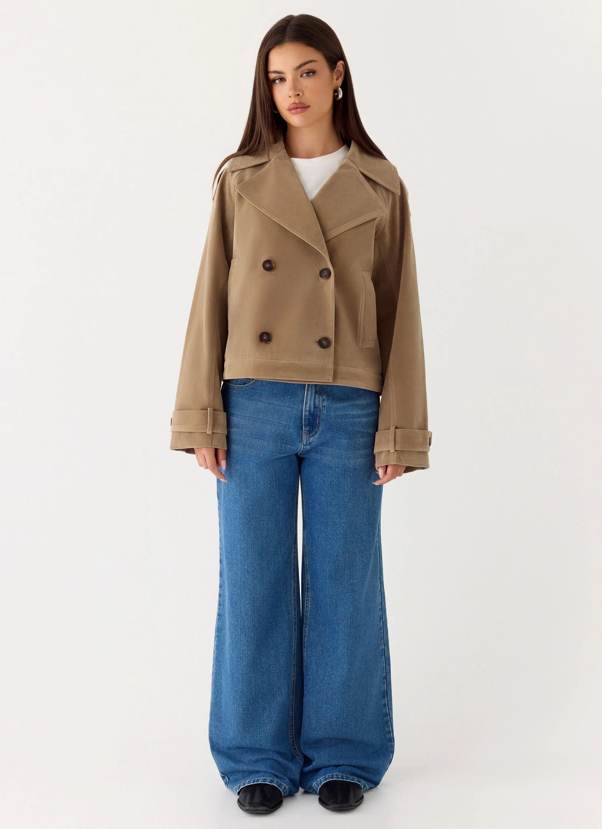 Evan Faux Suede Short Trench Jacket Tan