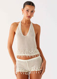 Pearl Shore Beaded Crochet Top Ivory