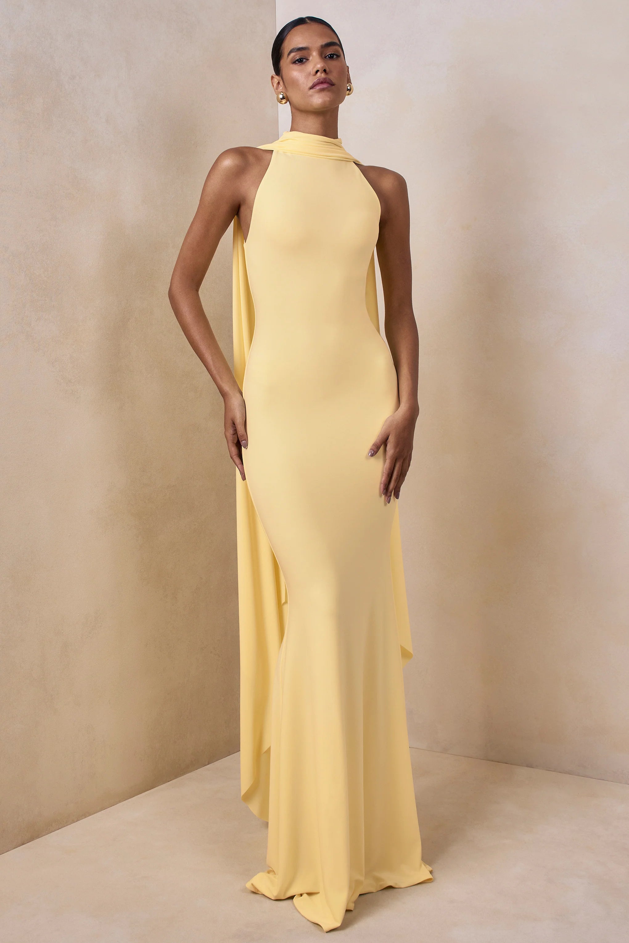 Cordy Lemon High Neck Maxi Dress With Cape