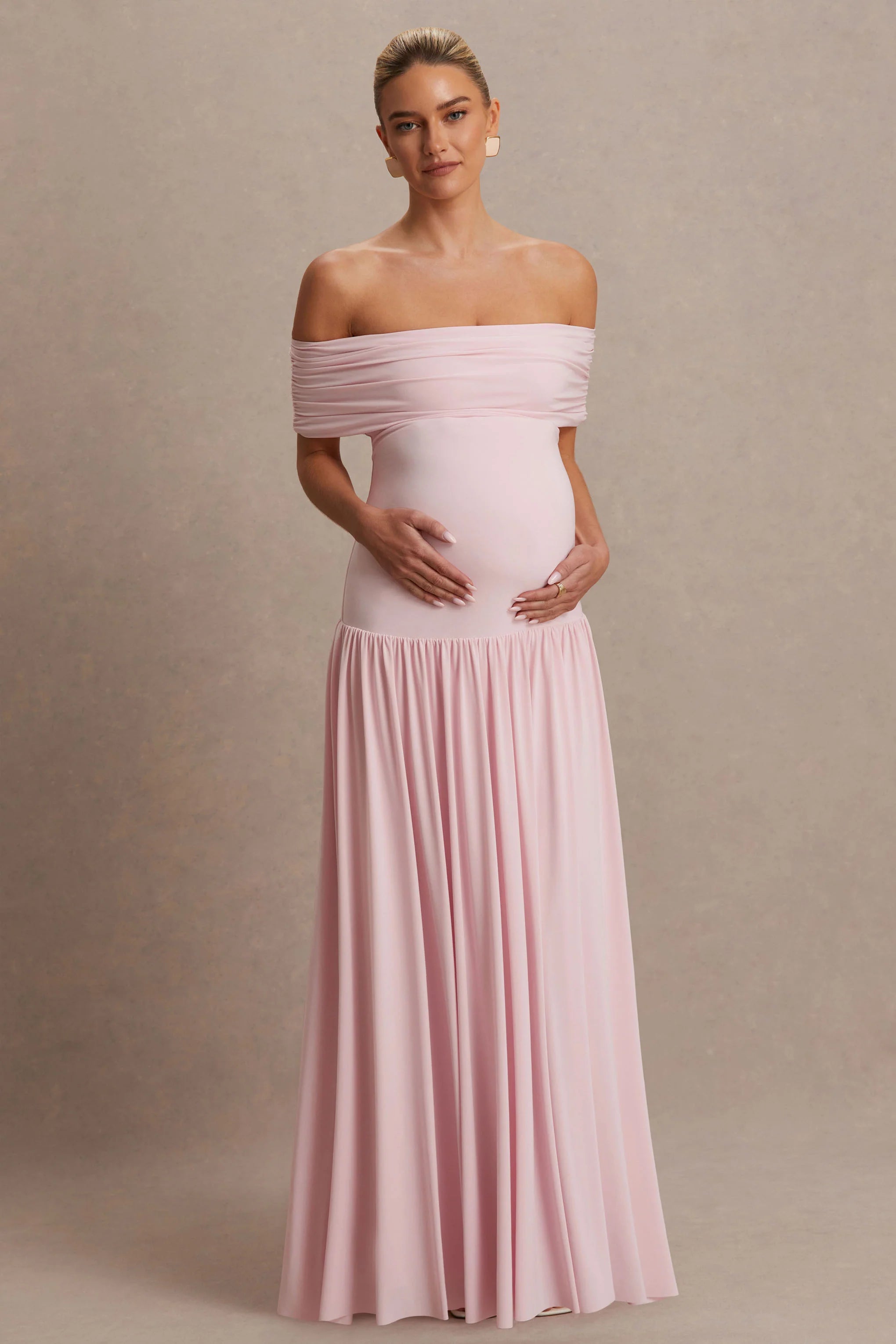 Juliette Blush Pink Bardot Neck Maternity Maxi Dress With Drop Waist