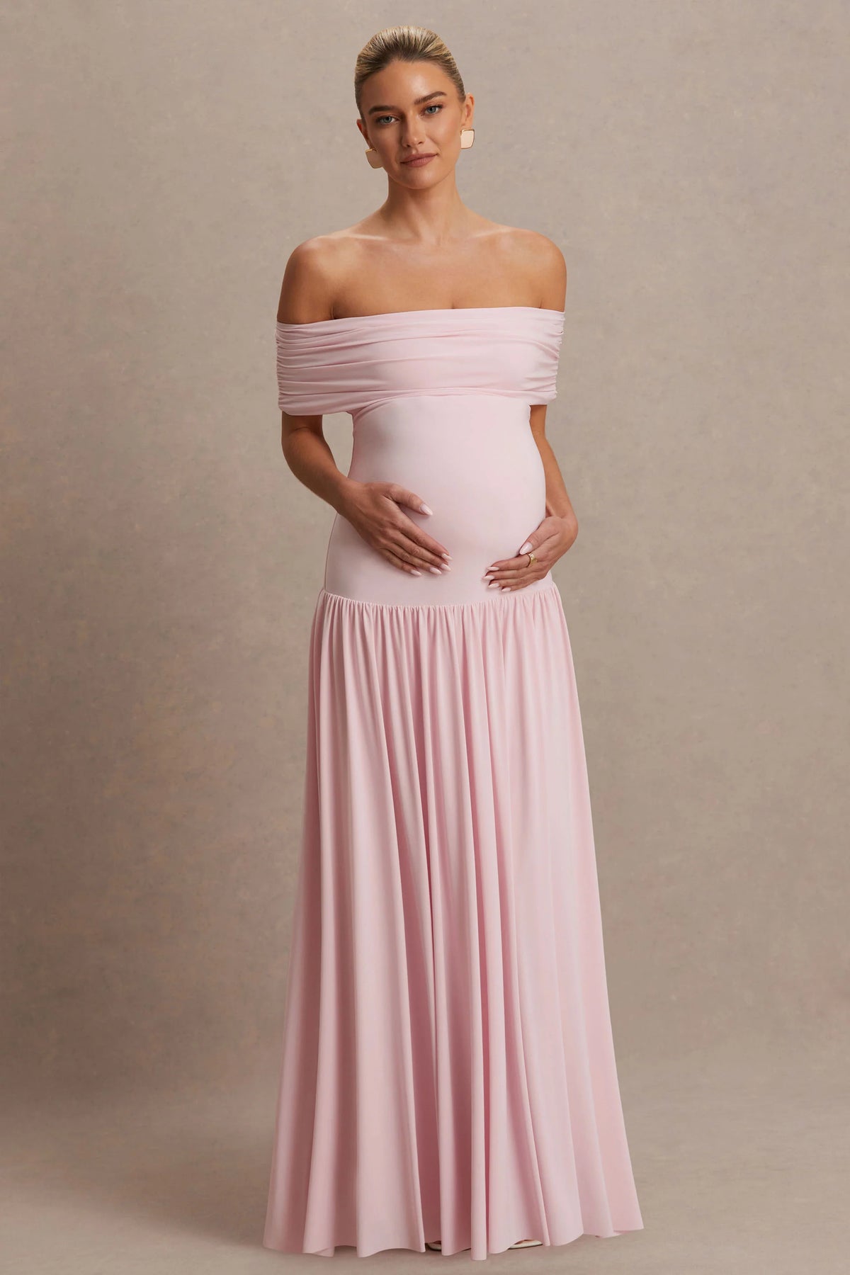 Juliette Blush Pink Bardot Neck Maternity Maxi Dress With Drop Waist