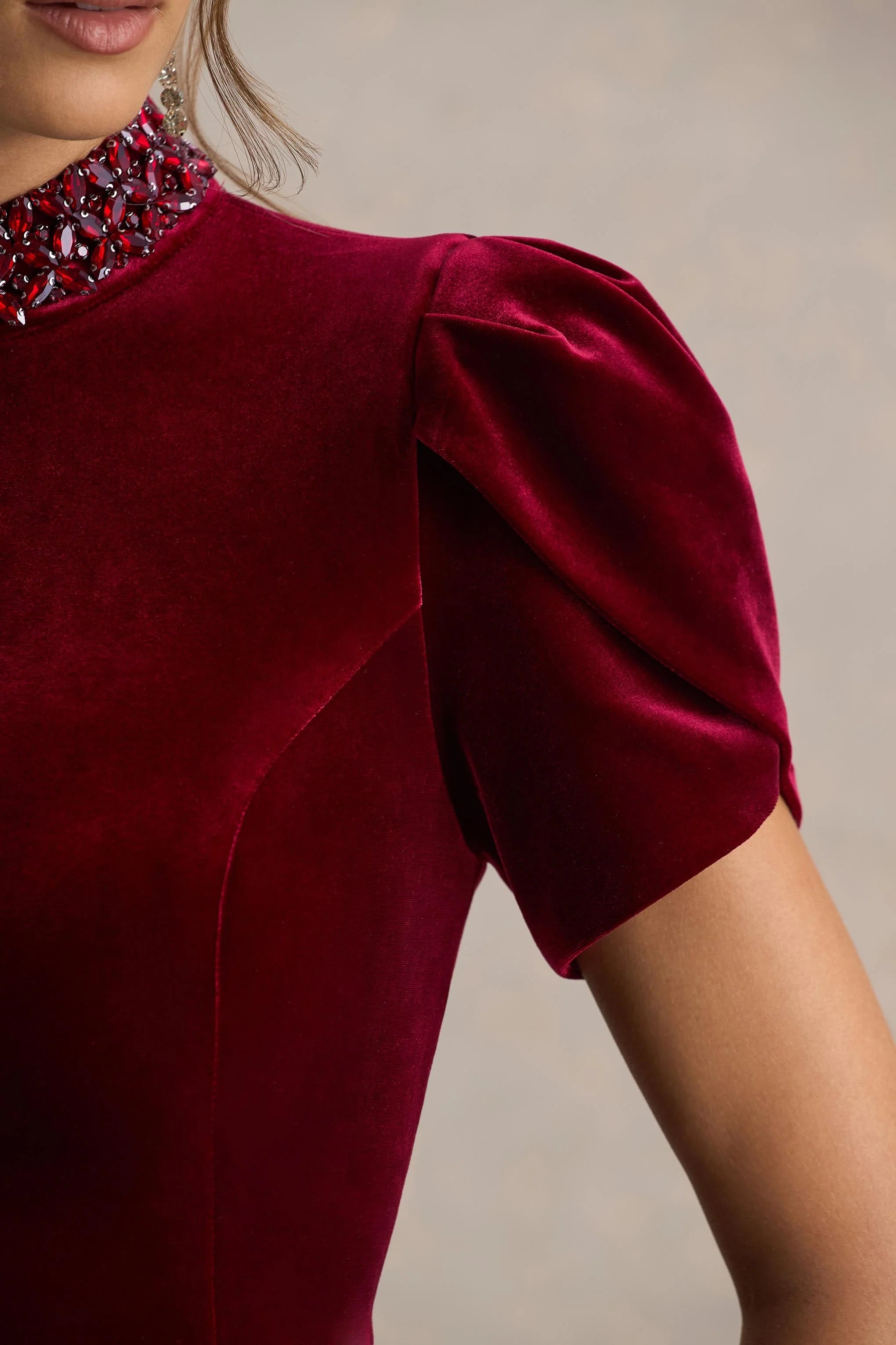Margot Burgundy High Neck Velvet Mini Dress With Embellished Detail