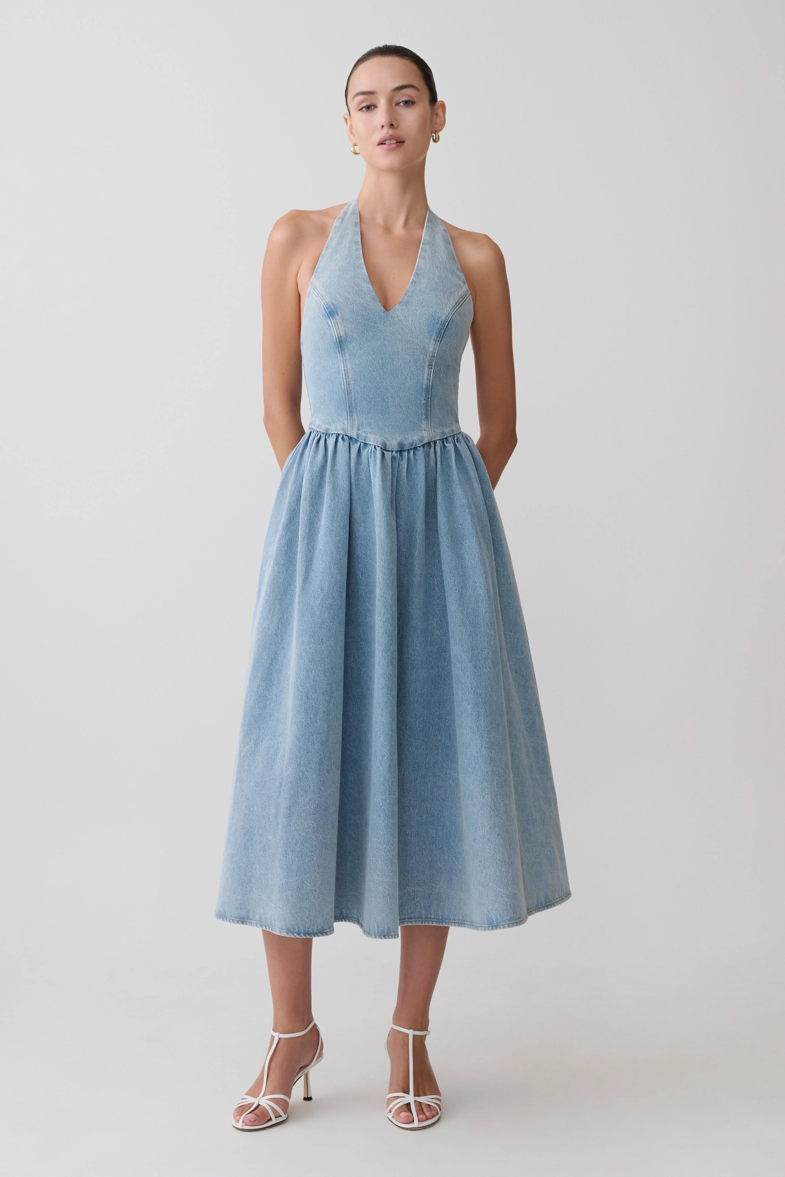 Miller Denim Halter Midi Dress Classic Blue
