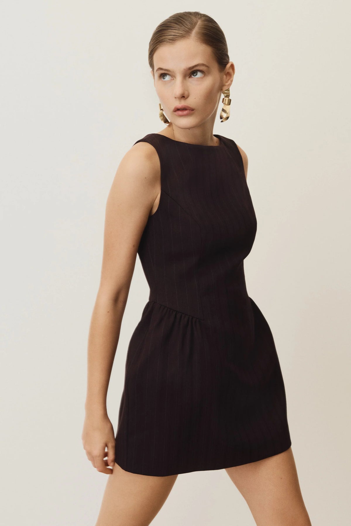 Hallie Boat Neck Mini Dress Plum Pinstripe