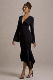 Rehna Black Plunge Neck Bell Sleeve Midi Dress