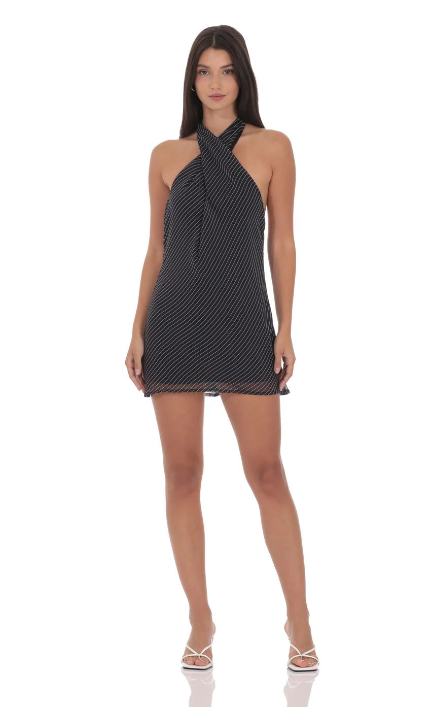 Pinstripe Cross Halter Dress in Black