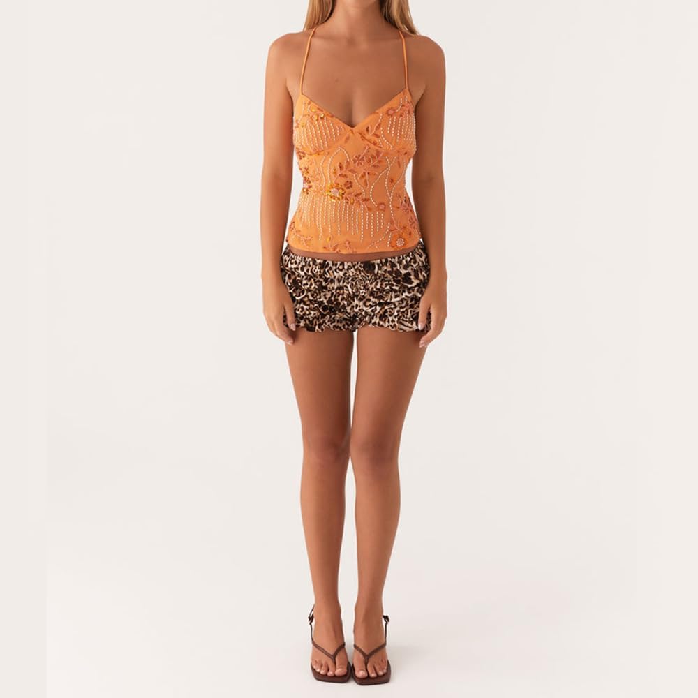 Women Sequin Beaded Cami Top V Neck Backless Criss Cross Straps Crop Tops Summer Going Out Clubwear