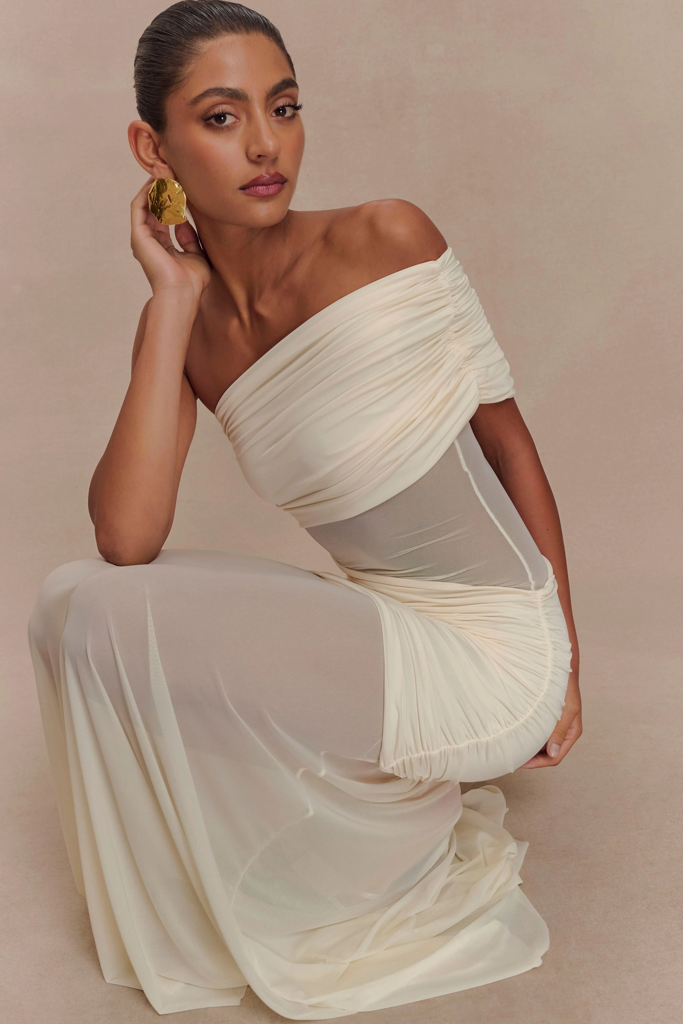 Dallas One Shoulder Mesh Maxi Dress Ivory