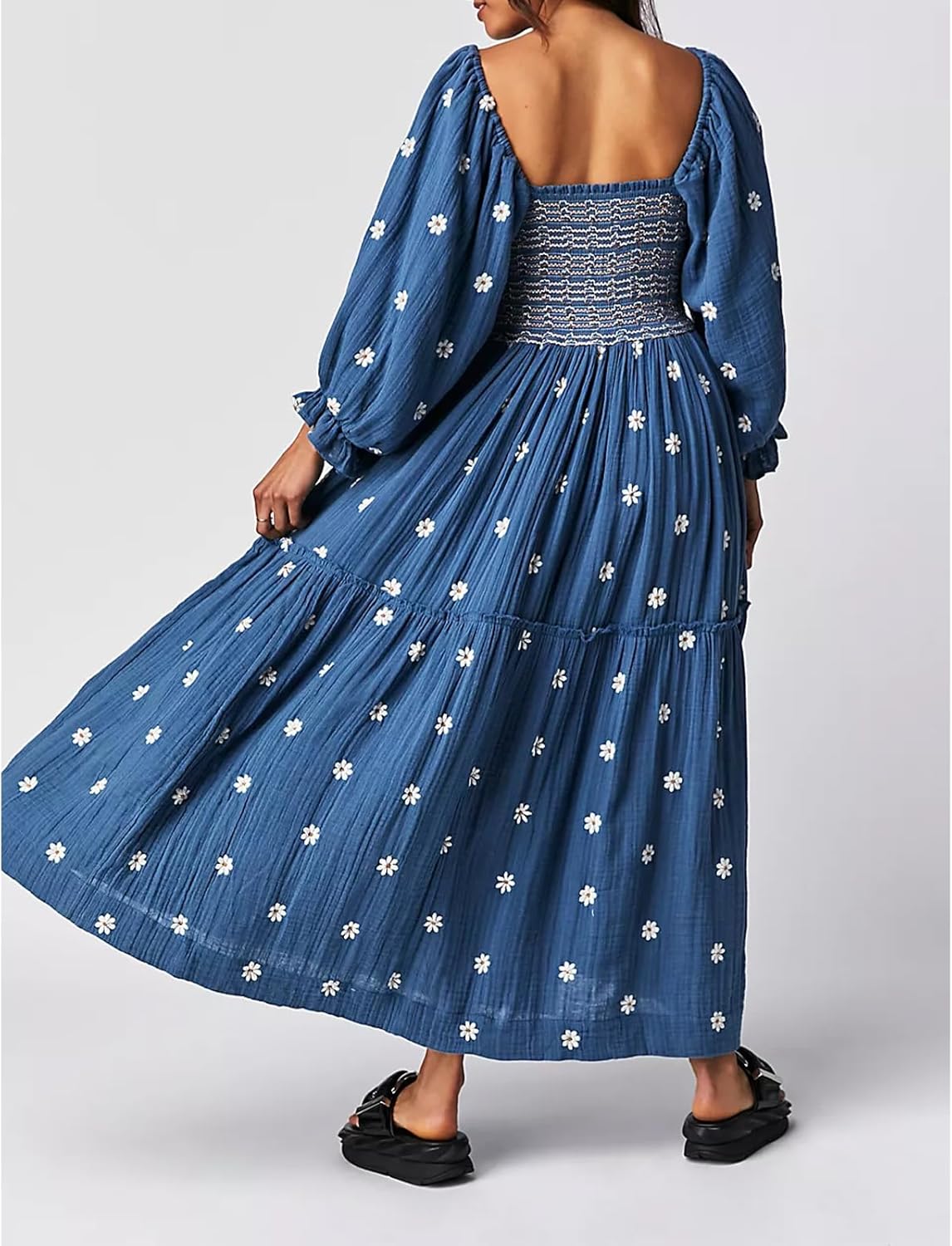 Women Floral Embroidered Maxi Dress Long Puff Sleeve Square Neck Bohemian Flowy Dress with Pockets Summer Fall