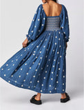 Women Floral Embroidered Maxi Dress Long Puff Sleeve Square Neck Bohemian Flowy Dress with Pockets Summer Fall