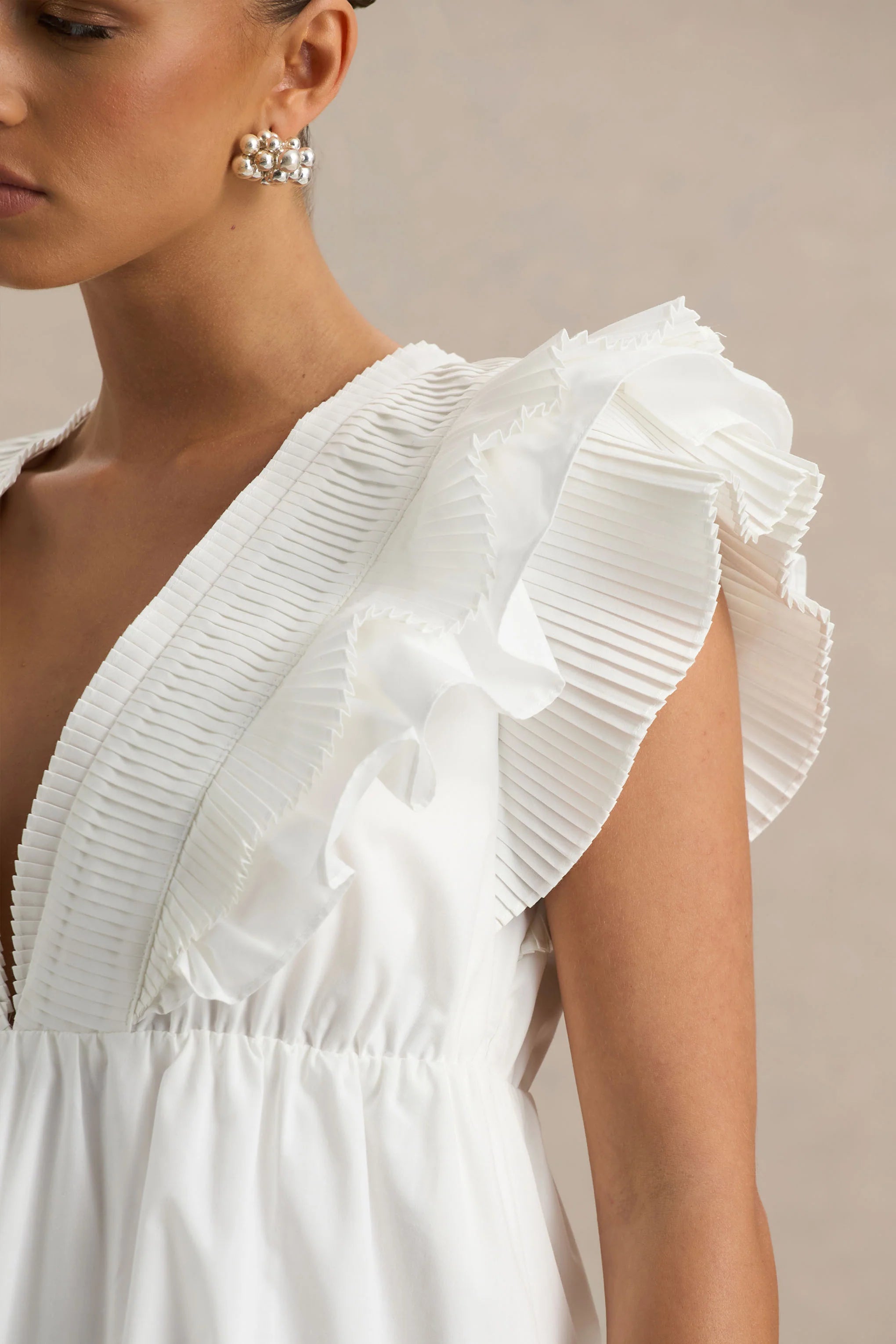 Judie White Poplin V Neck Ruffled Mini Dress