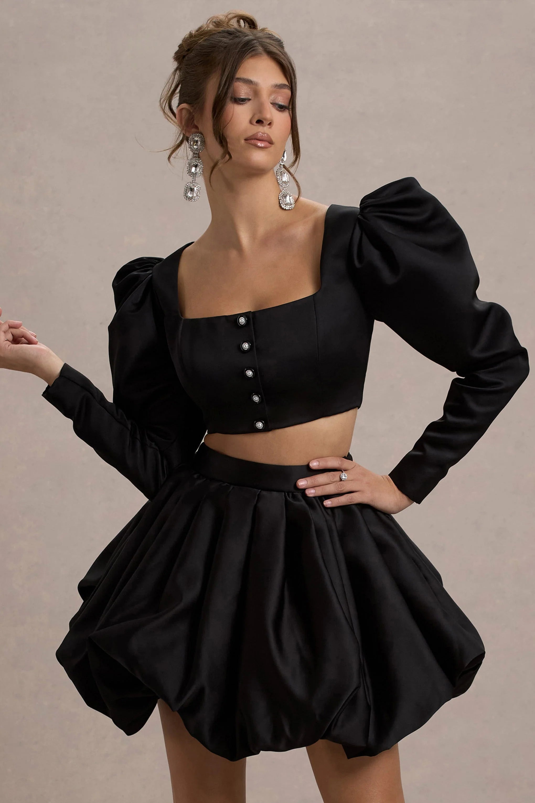 Eloisa Black Satin Puff Sleeve Cropped Jacket
