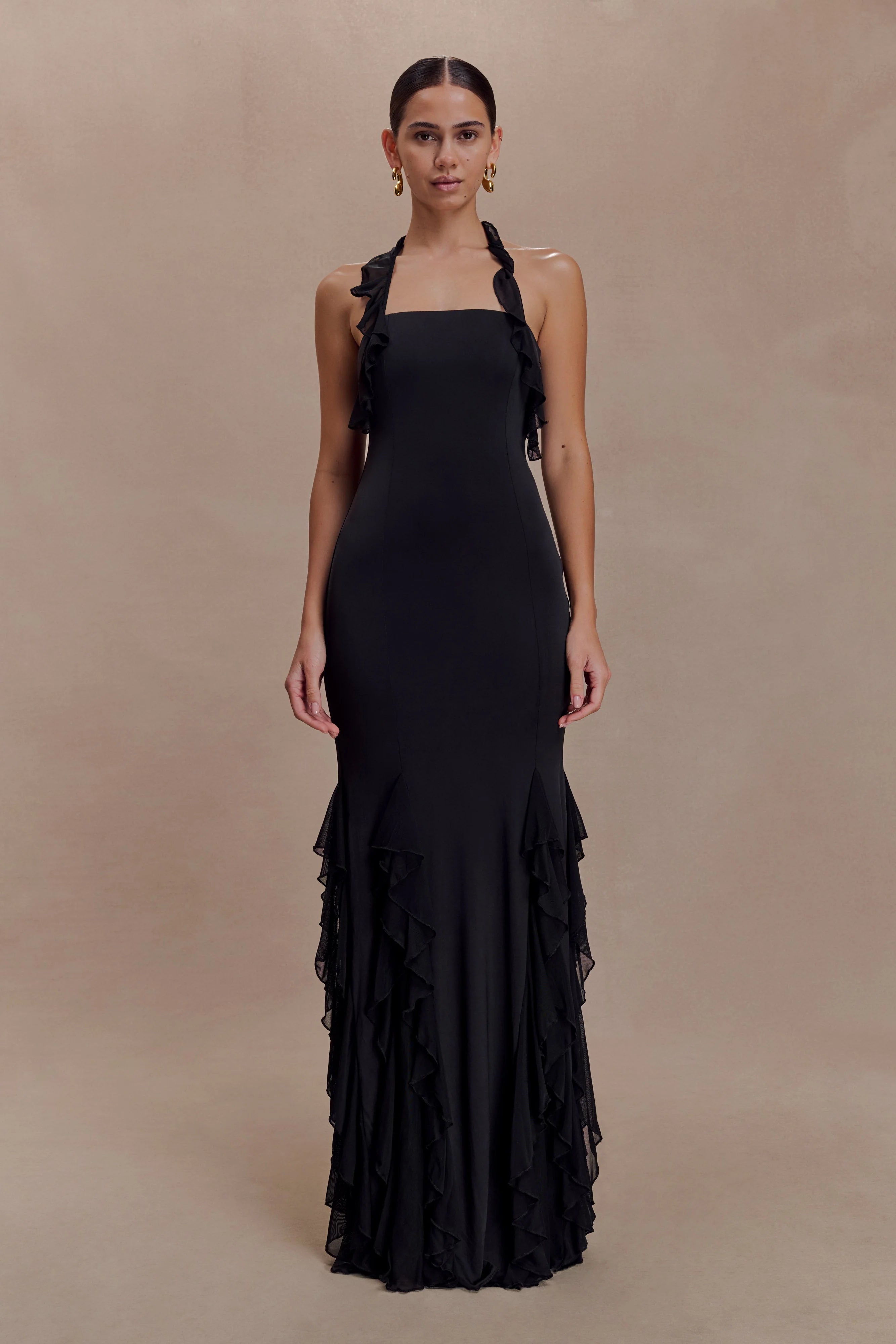 Etta Ruffle Slinky Maxi Dress Black