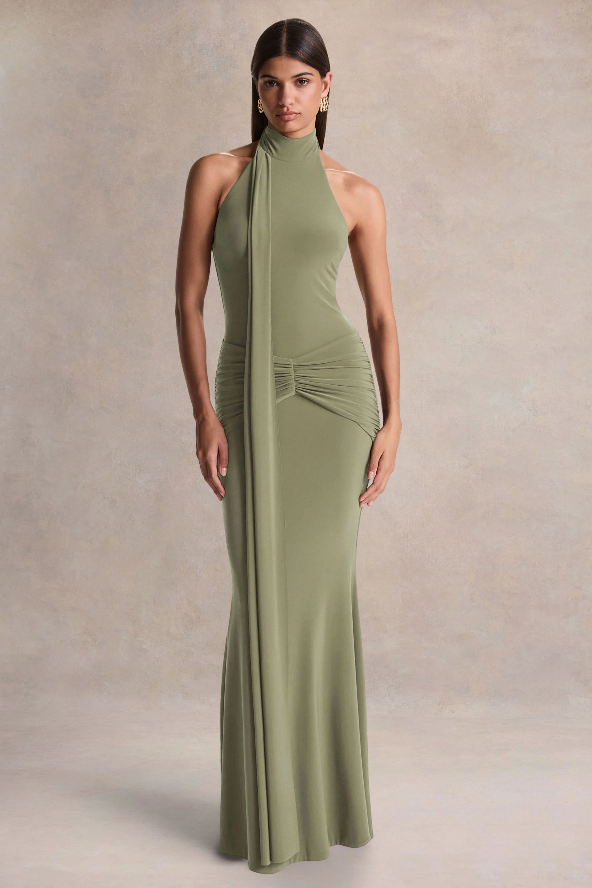 Hyla Green High Neck Maxi Dress With Sash Detail