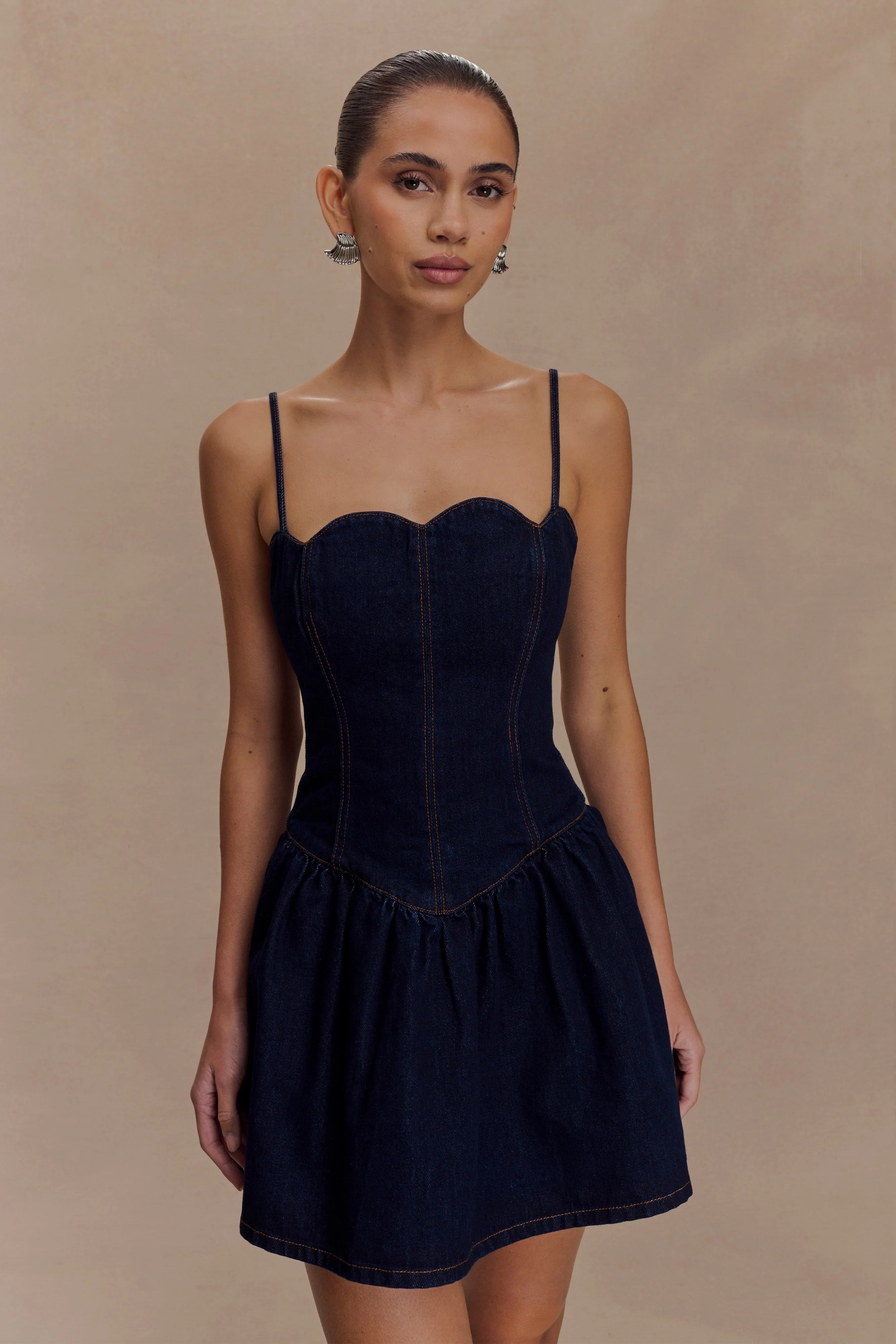 Cheyenne Scallop Denim Mini Dress Indigo Blue