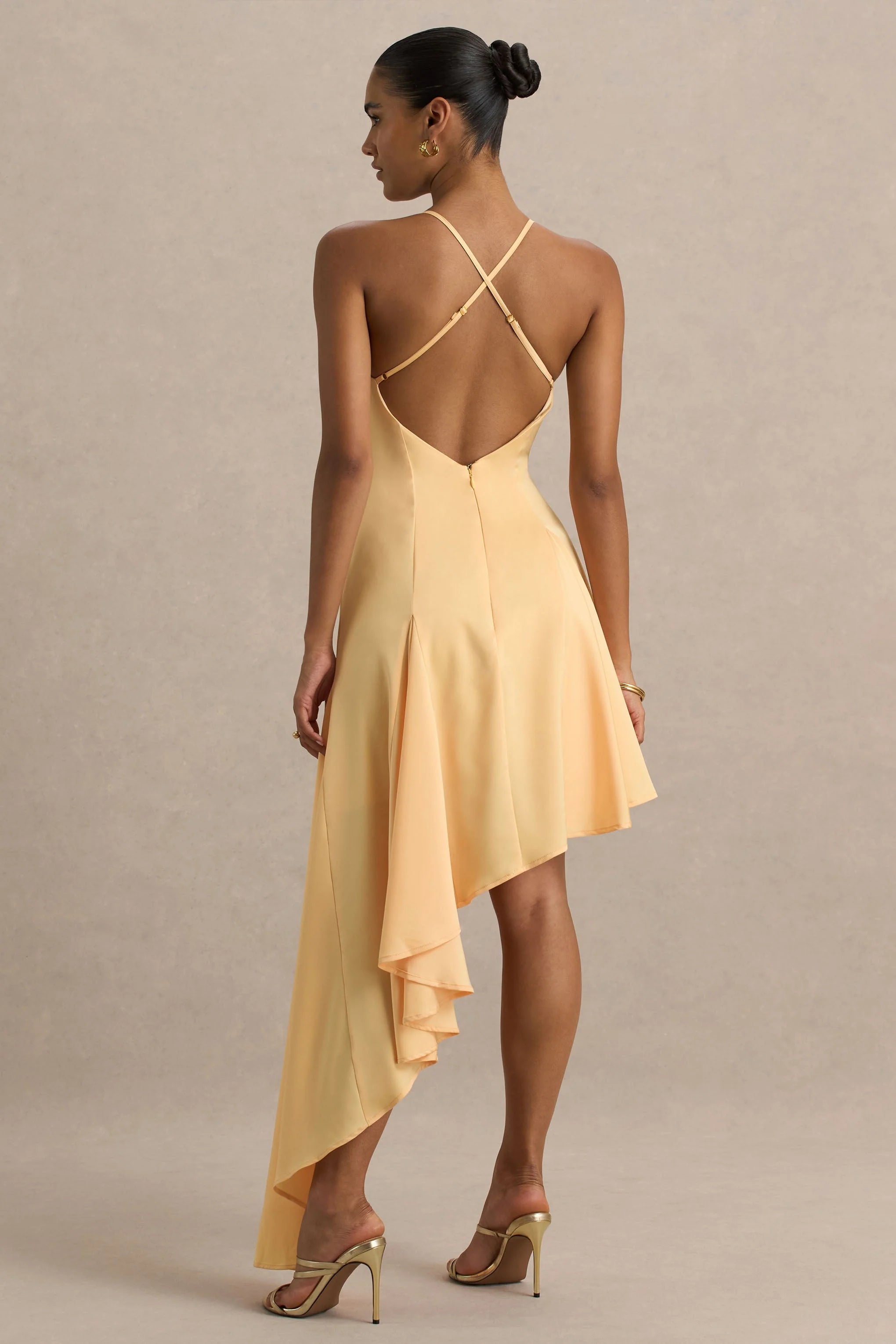 Glint Peach Satin Plunge Neck Maxi Dress With Asymmetric Hem