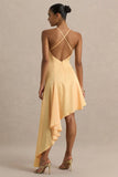 Glint Peach Satin Plunge Neck Maxi Dress With Asymmetric Hem