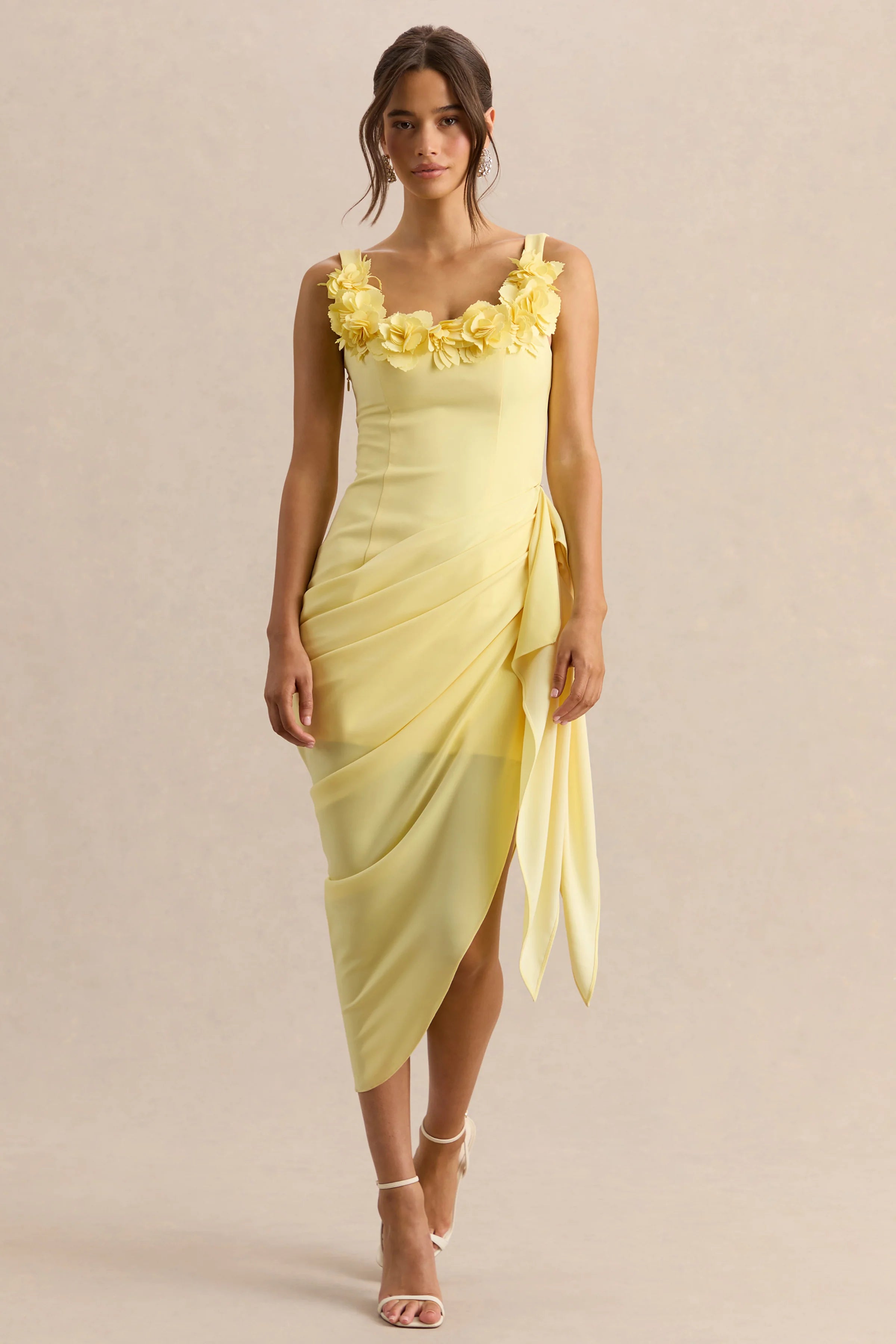 Letitia Lemon Scoop Neck Embellished Wrap Midi Dress