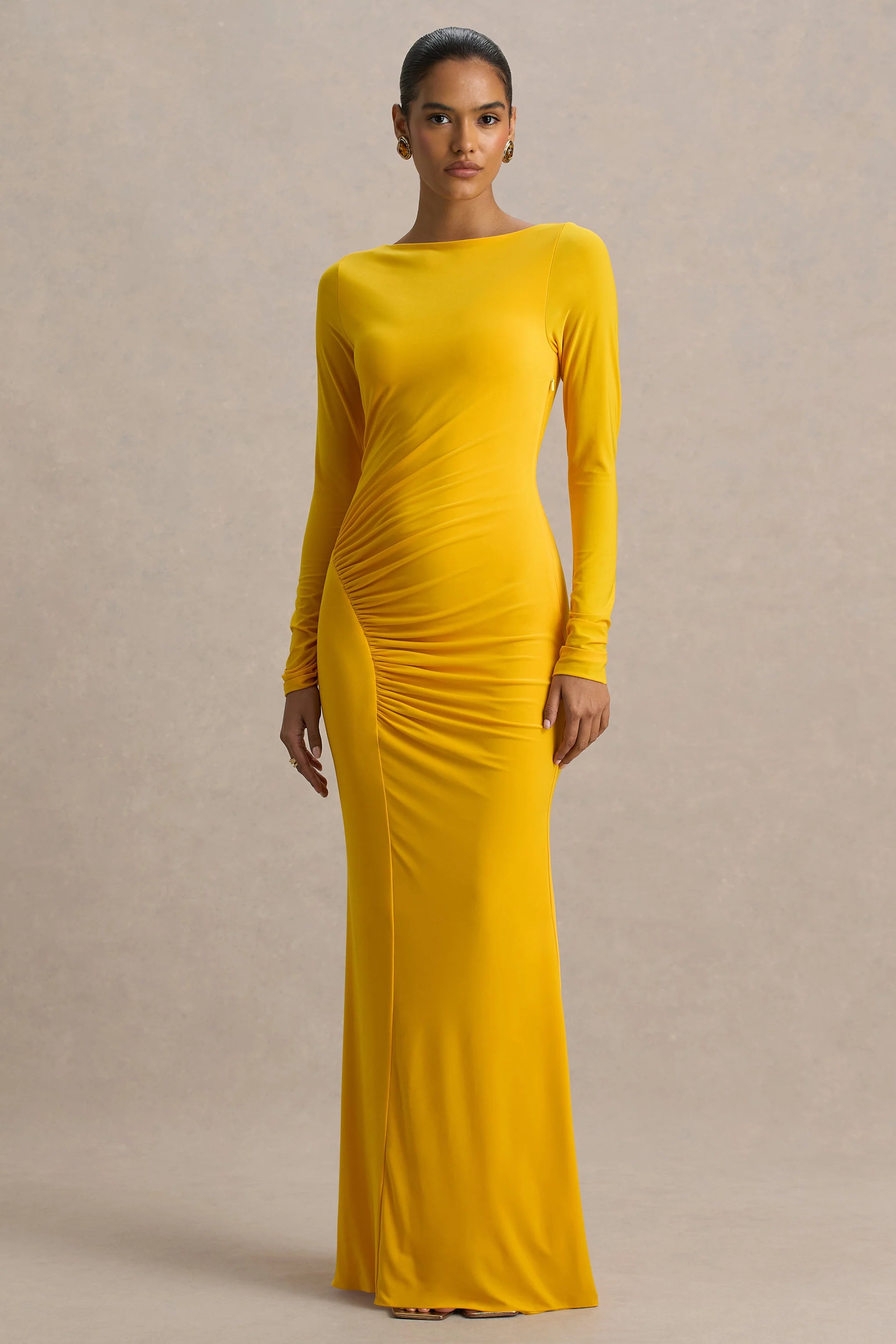 Diva Yellow Slashed Neck Maxi Dress With Ruched Detailing
