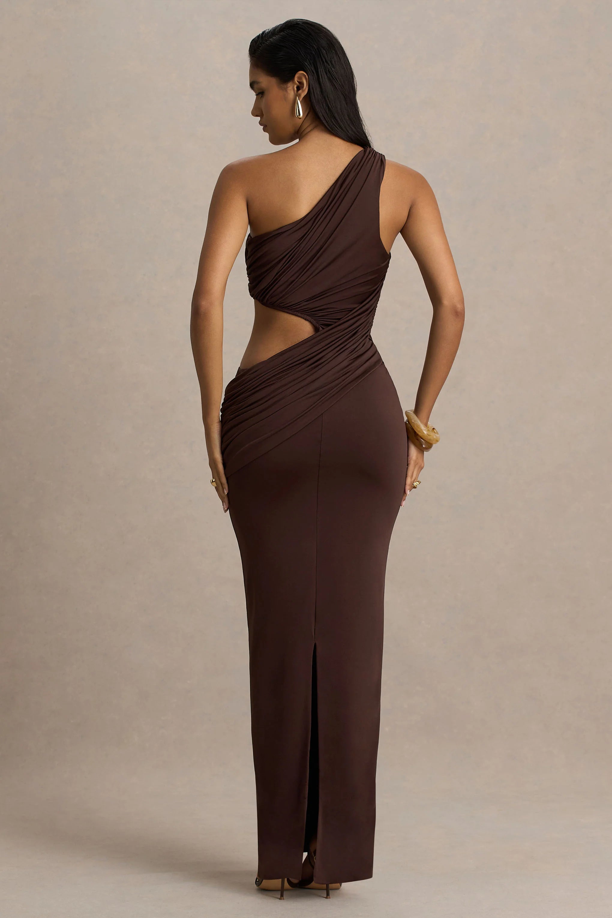 Serefine Brown Asymmetric Neck Maxi Dress With Body Cut Out