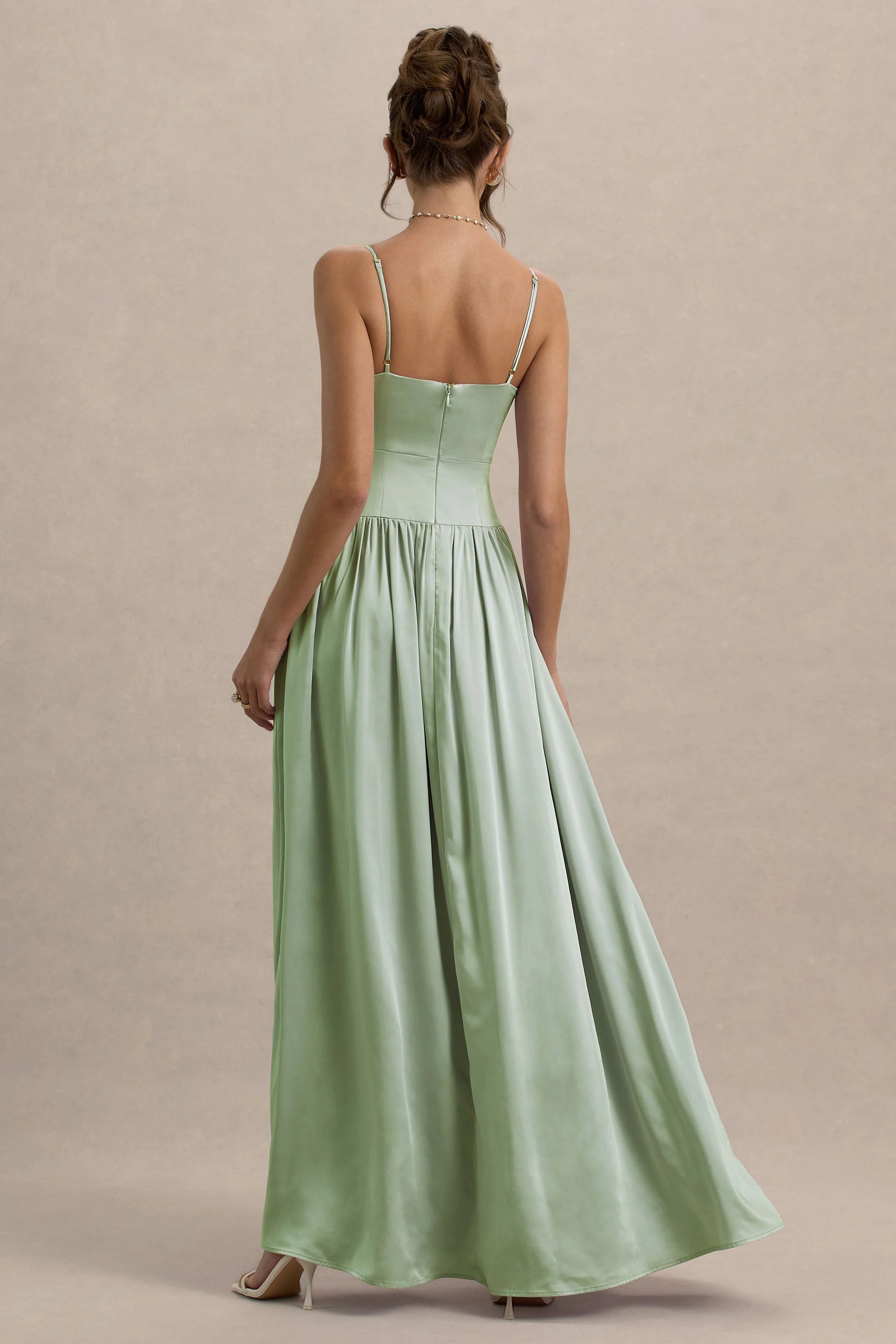 Jonas Light Green Plunge Neck Maxi Dress With Cami Straps