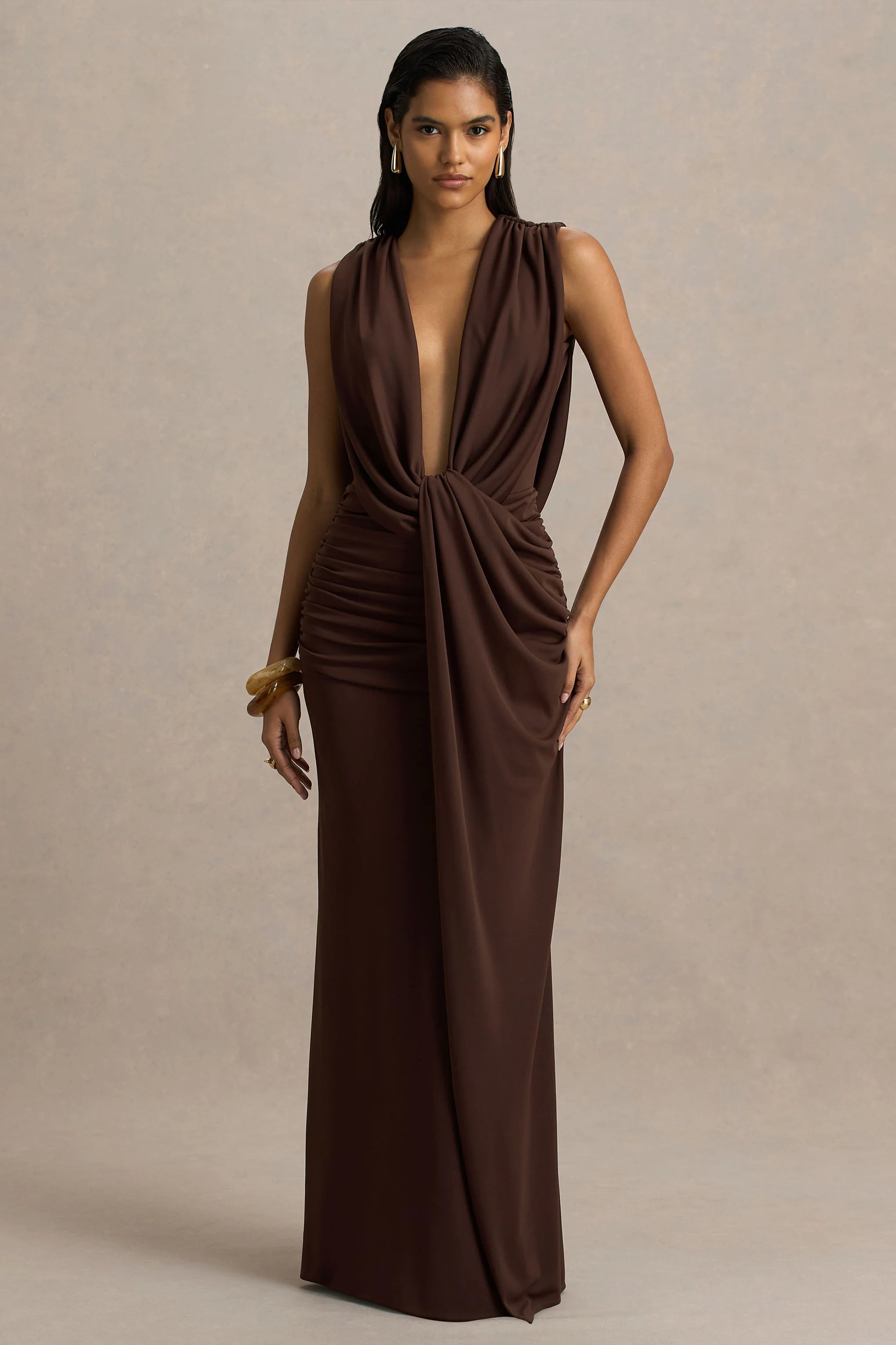 Serafina Chocolate Extreme Plunge Neck Maxi Dress With Wrap And Ruched Details