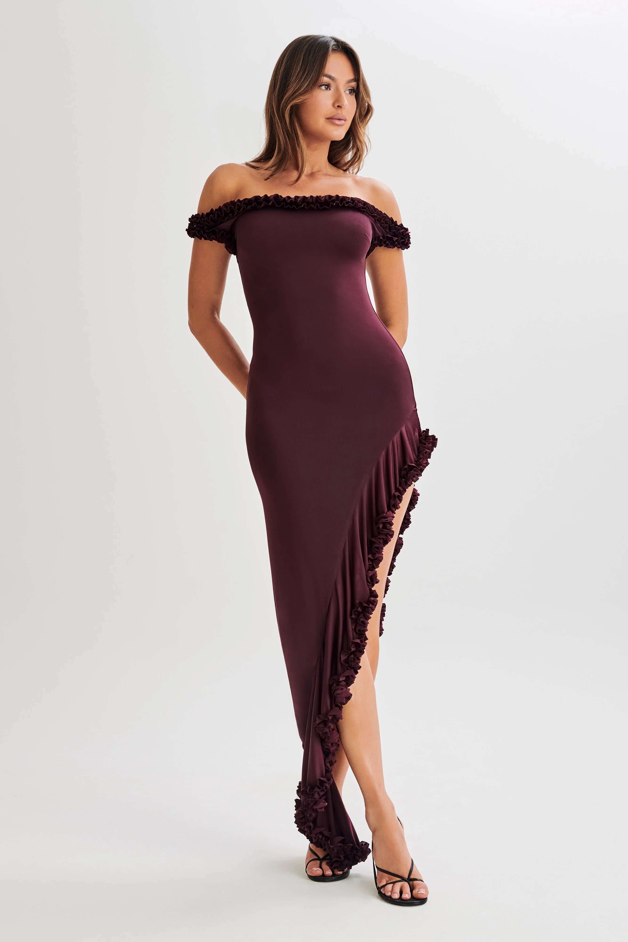 Arielle Off Shoulder Ruffle Midi Dress Plum