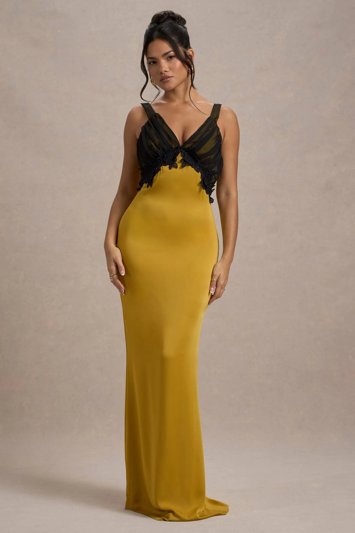 Sahara Mustard Satin V Neck Maxi Dress With Black Lace Trim