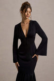 Rehna Black Plunge Neck Bell Sleeve Midi Dress