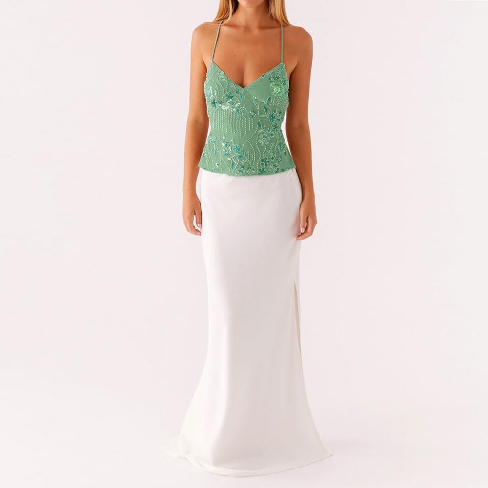Women Sequin Beaded Cami Top V Neck Backless Criss Cross Straps Crop Tops Summer Going Out Clubwear