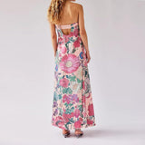 Women Boho Floral Maxi Dress Backless Spaghetti Strap A Line Flowy Summer Vacation Long Dress