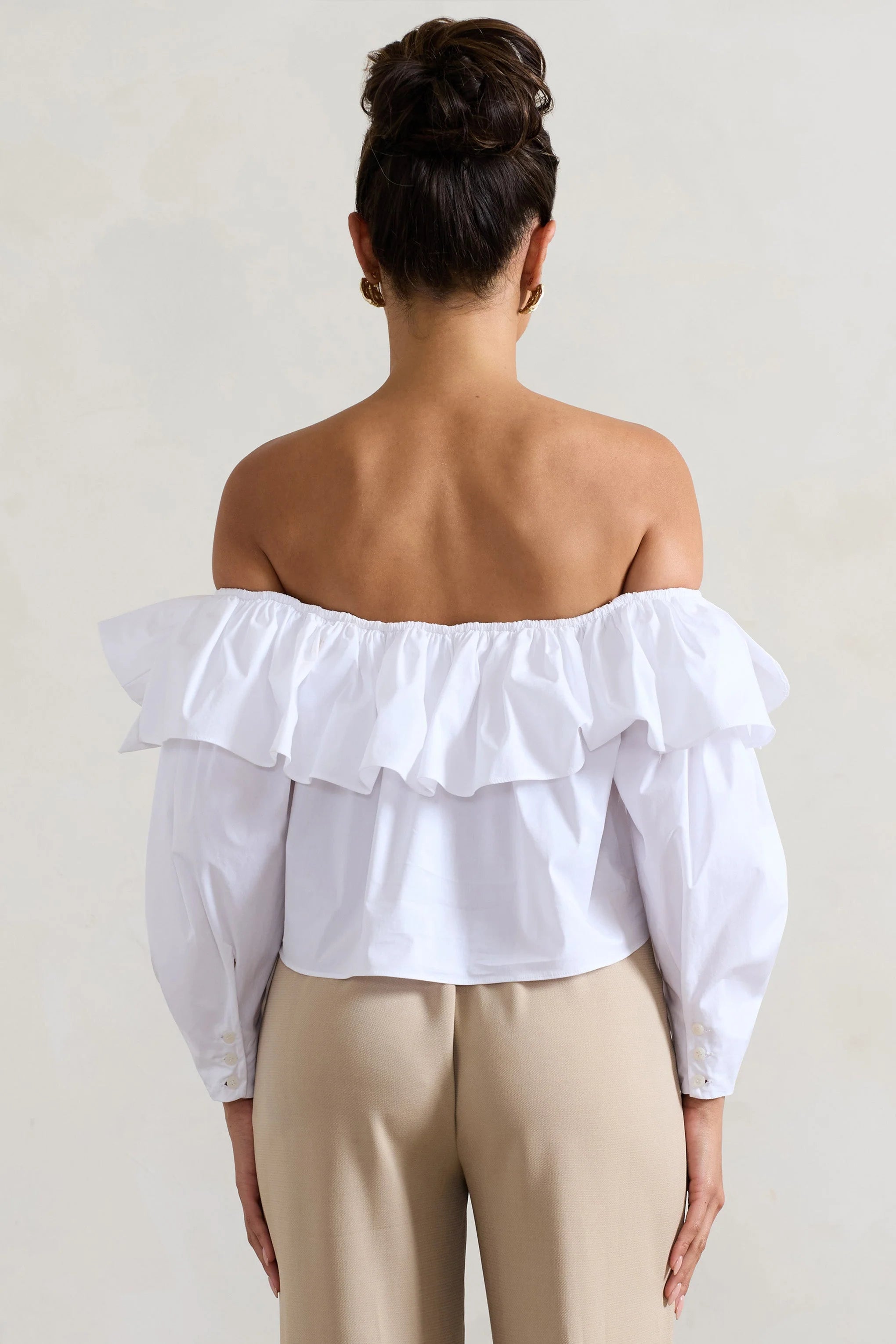 Cove White Bardot Puff Sleeve Ruffle Top With Bows