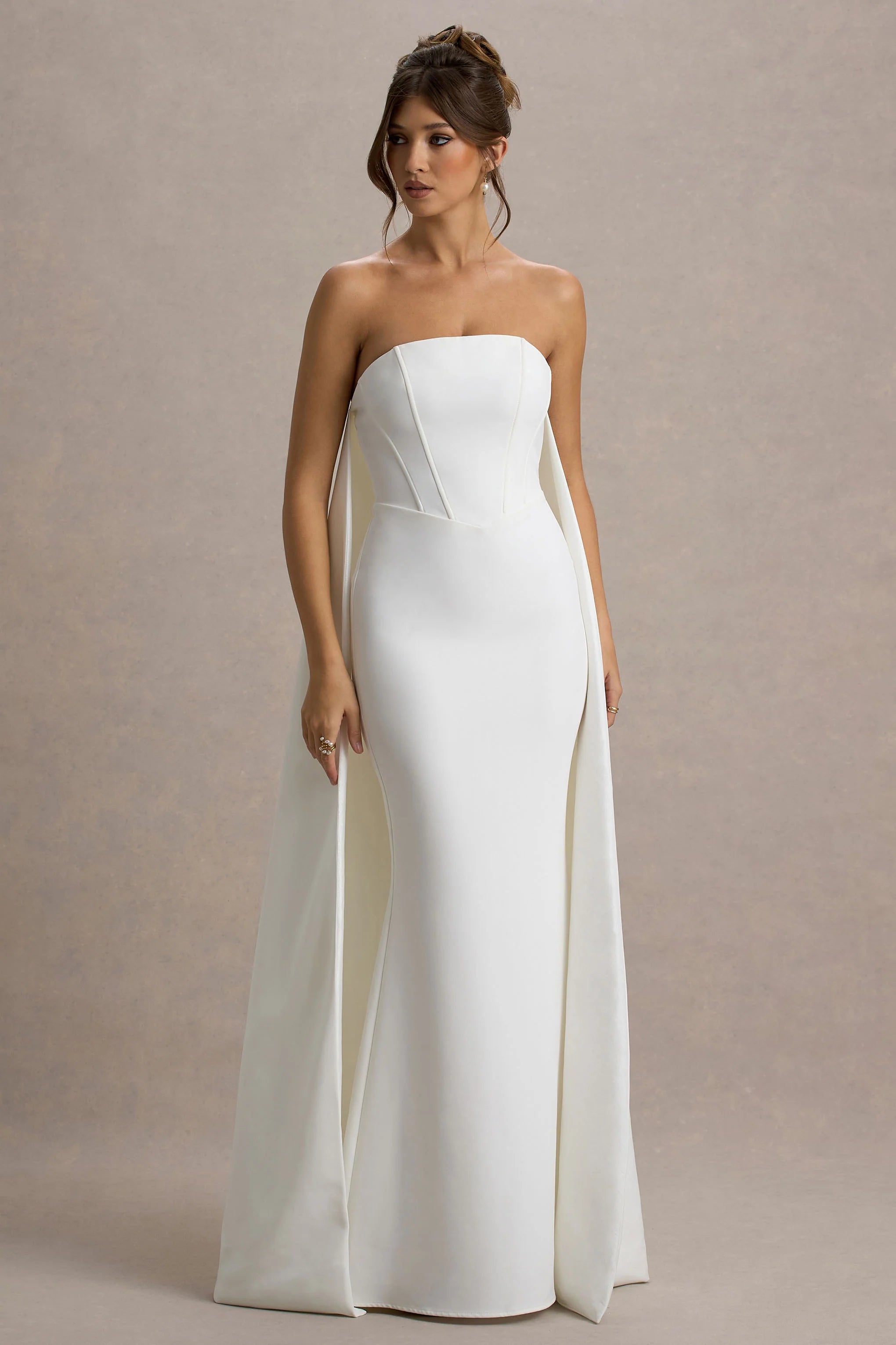 Shes Trouble White Bandeau Maxi Dress With Cape