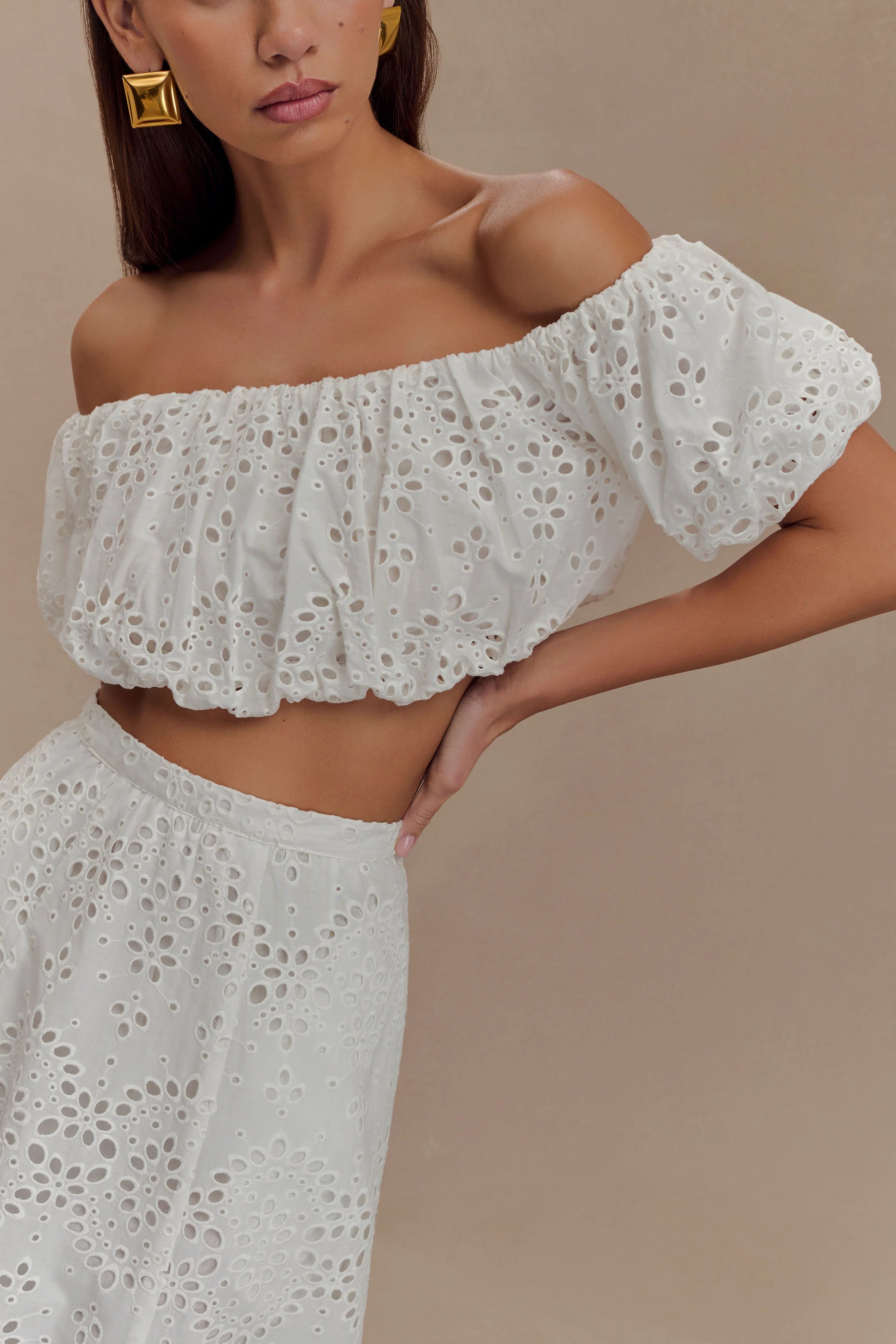 Autumn Off Shoulder Broderie Top White