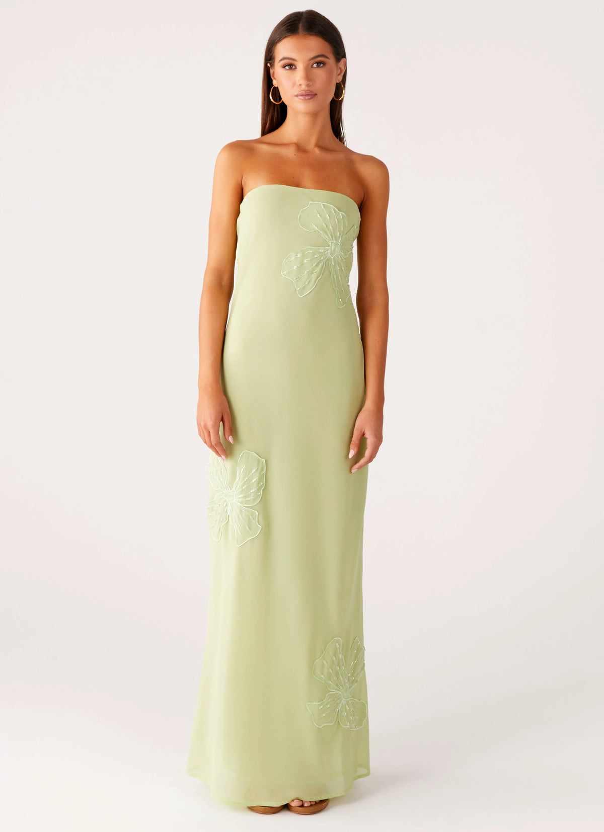 Sassafras Beaded Flower Strapless Maxi Dress Lime
