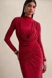 Karinthia Red High Neck Maxi Dress With Draped Detailing