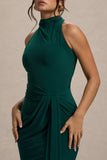 Khari Bottle Green High Neck Twisted Maxi Dress With Drape