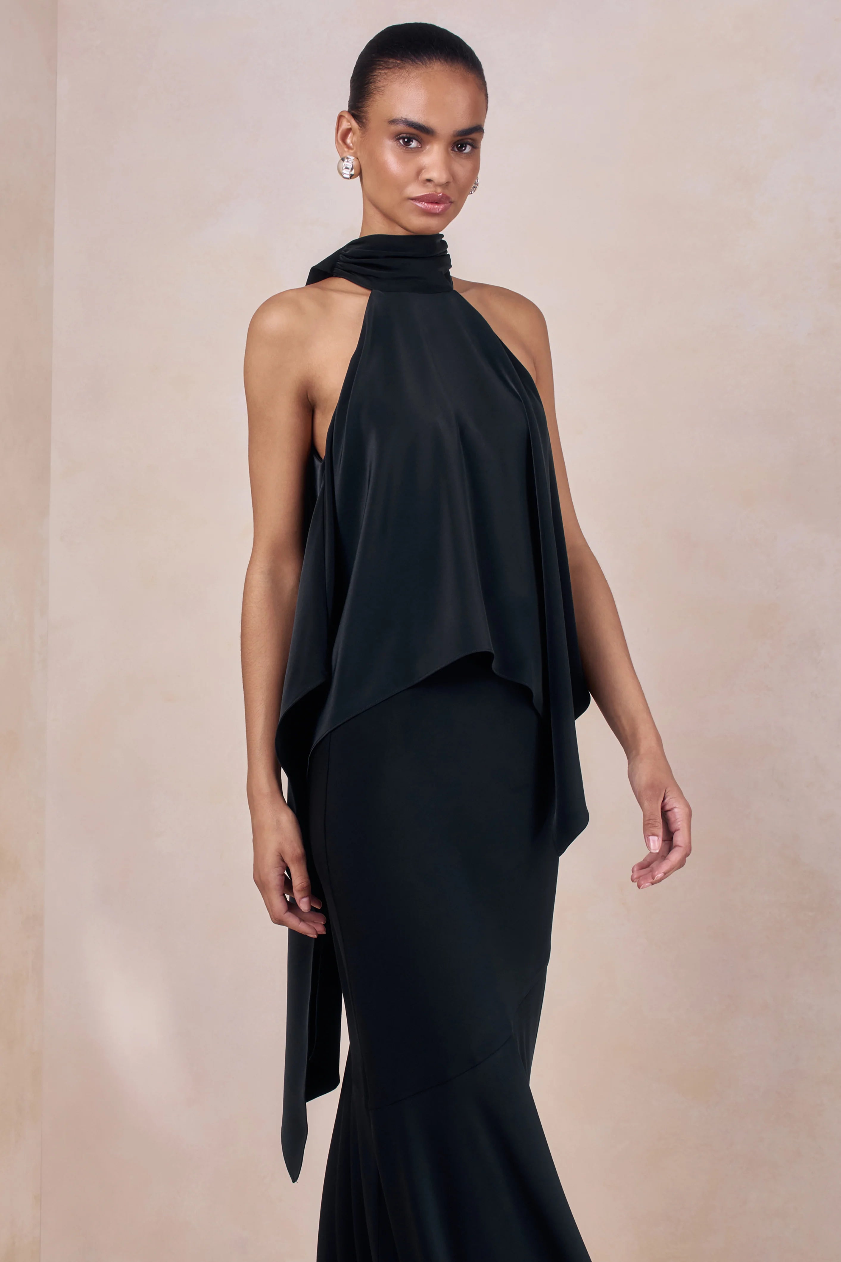 Sancelle Black Matte Satin Halter Neck Top