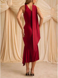 Women Formal Satin Dress One Shoulder Asymmetrical Scarf Mermaid Hem Midi Dress Cocktail Prom Gown