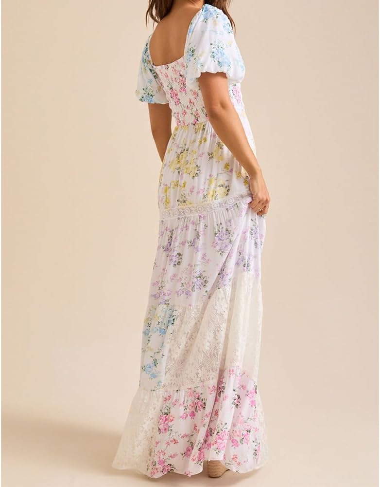 Women Floral Maxi Dress Smocked Puff Sleeve Square Neck Lace Patchwork Tiered Boho Long Dress Vacation Garden Party