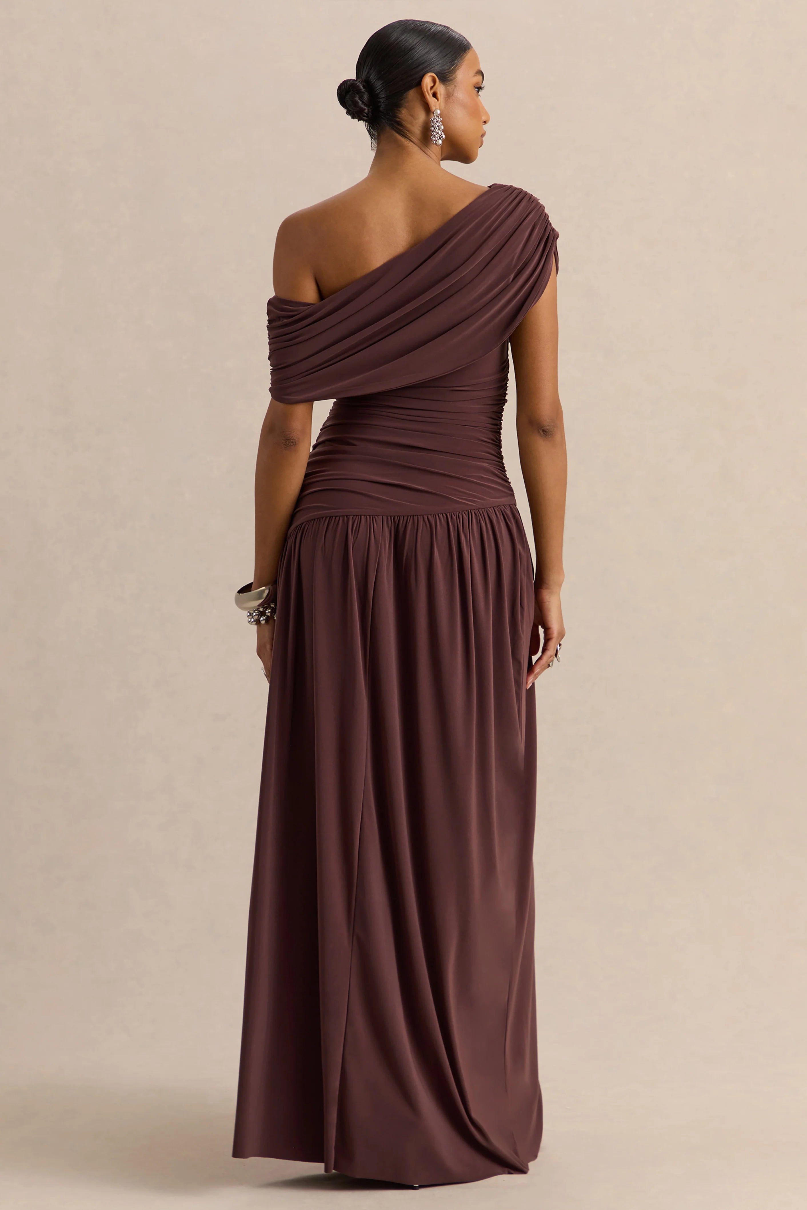 Emberly Brown Draped Asymmetric Neck Maxi Dress With Drop Waist